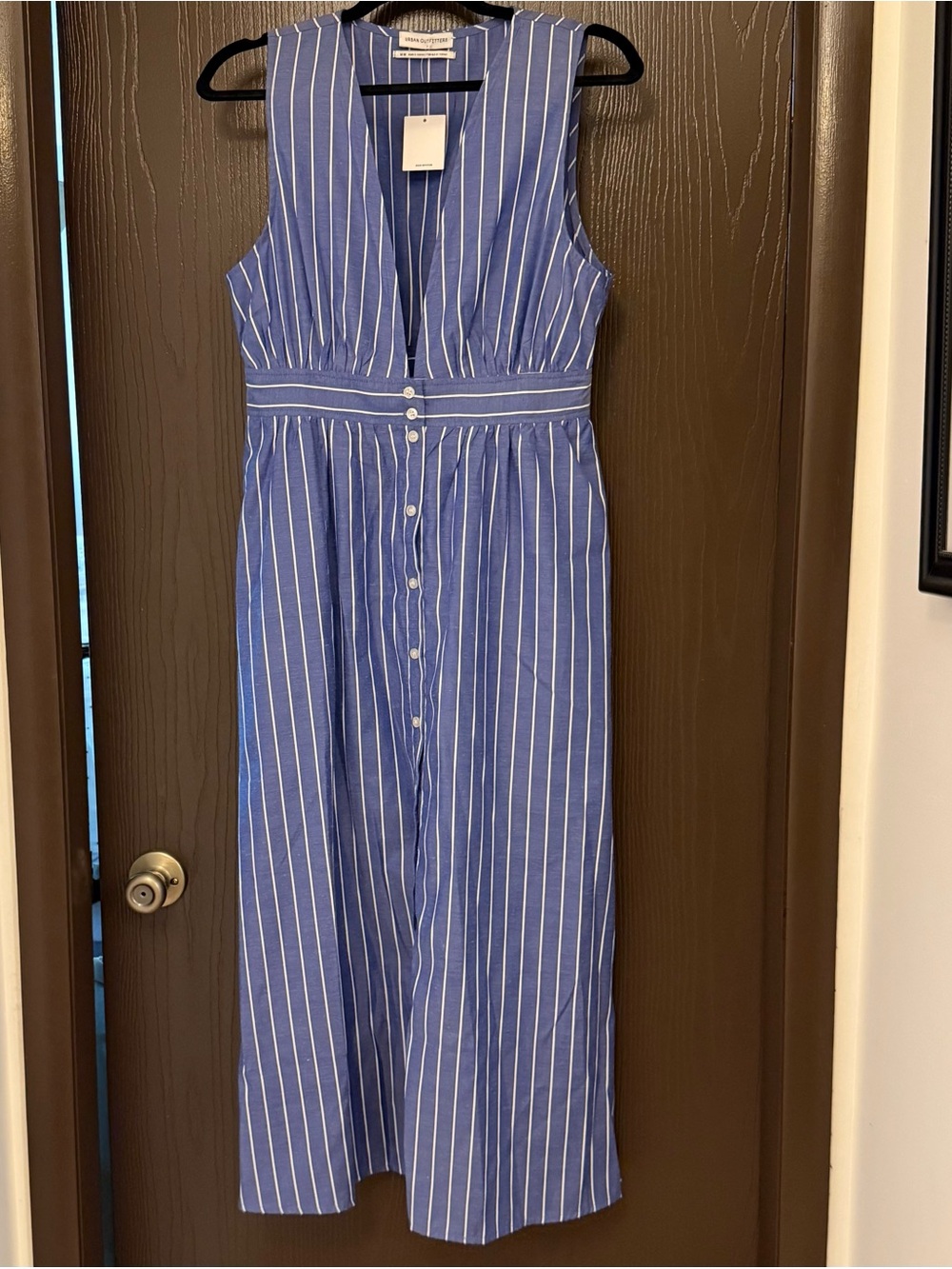Urban Outfitters Blue and White Vertical-Stripe Sleeveless Midi Dress